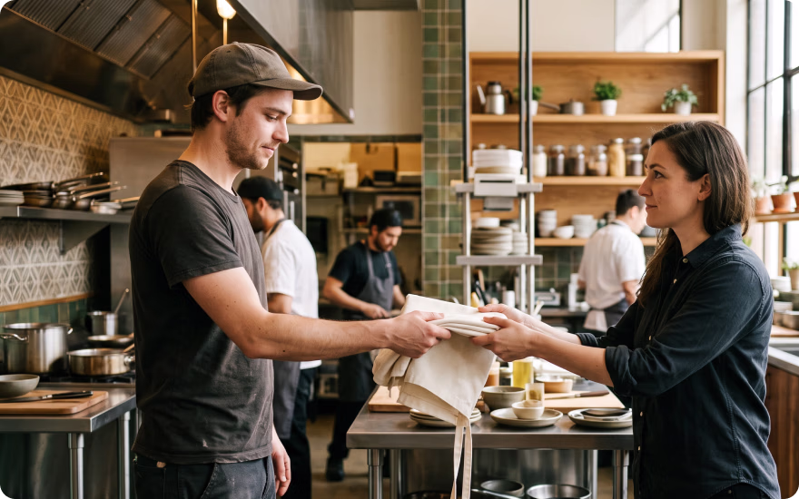A line cook hands in his apron on his last shift.