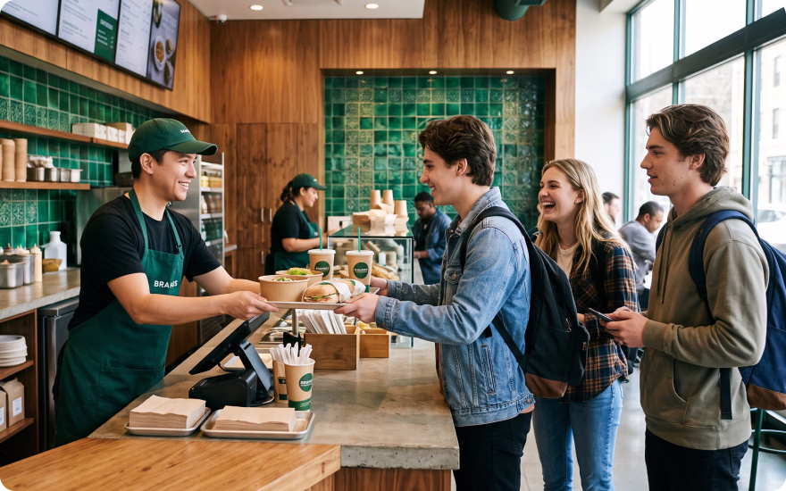 A fast casual counter worker hands a group of college students a tray of food.