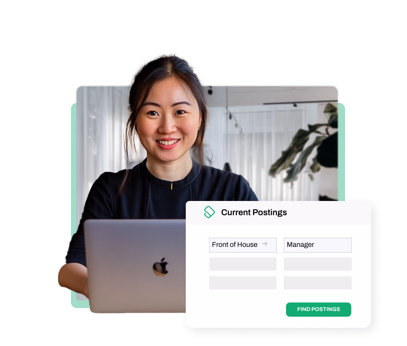 Smiling woman working on a silver MacBook laptop with a job search interface showing 'Current Postings' for Front of House Manager.