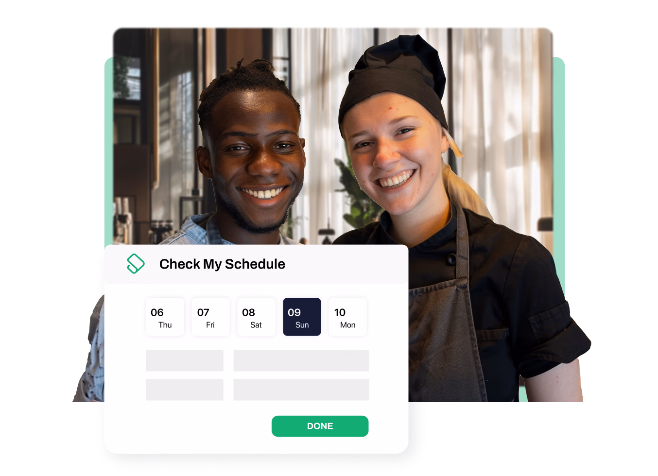 Smiling man and woman in chef attire behind a digital schedule interface showing dates from Thursday to Monday with Sunday highlighted.