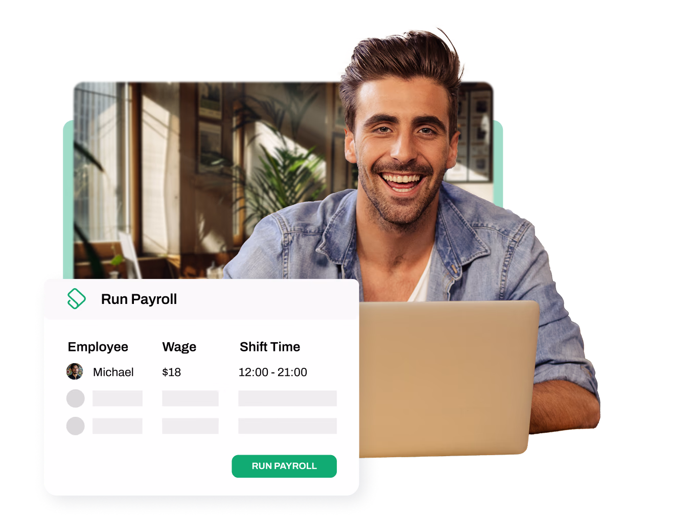 Smiling man wearing denim jacket using laptop with a payroll interface showing employee Michael, wage $18, and shift time 12:00 to 21:00.