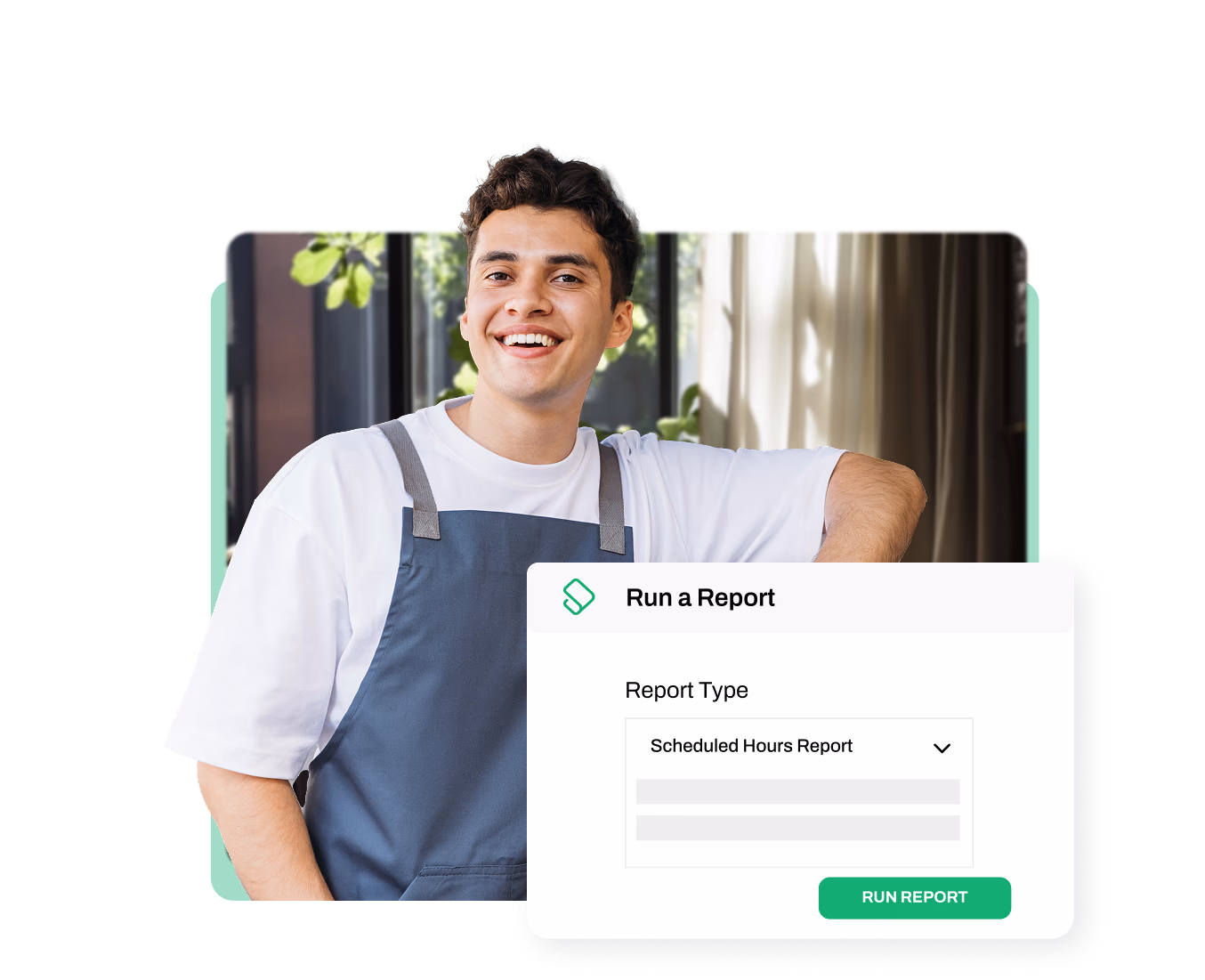 Smiling young man in a white shirt and blue apron stands indoors next to a report interface showing a Scheduled Hours Report option with a Run Report button.
