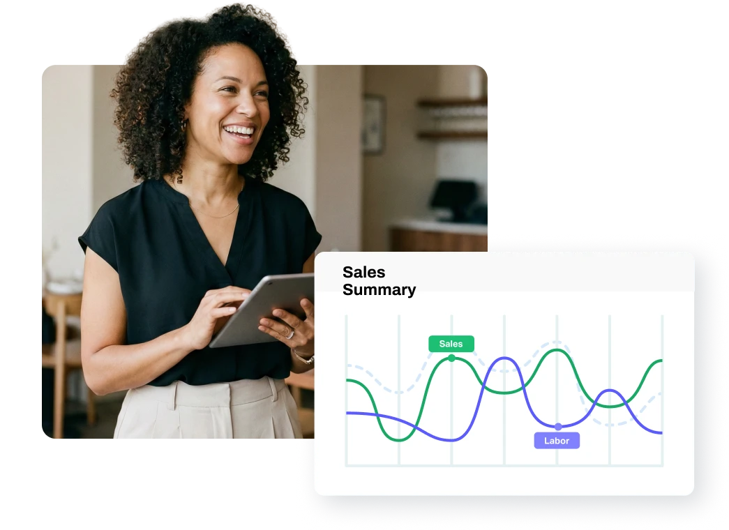 Smiling woman holding a tablet with a digital overlay of a sales summary graph showing sales and labor trends.