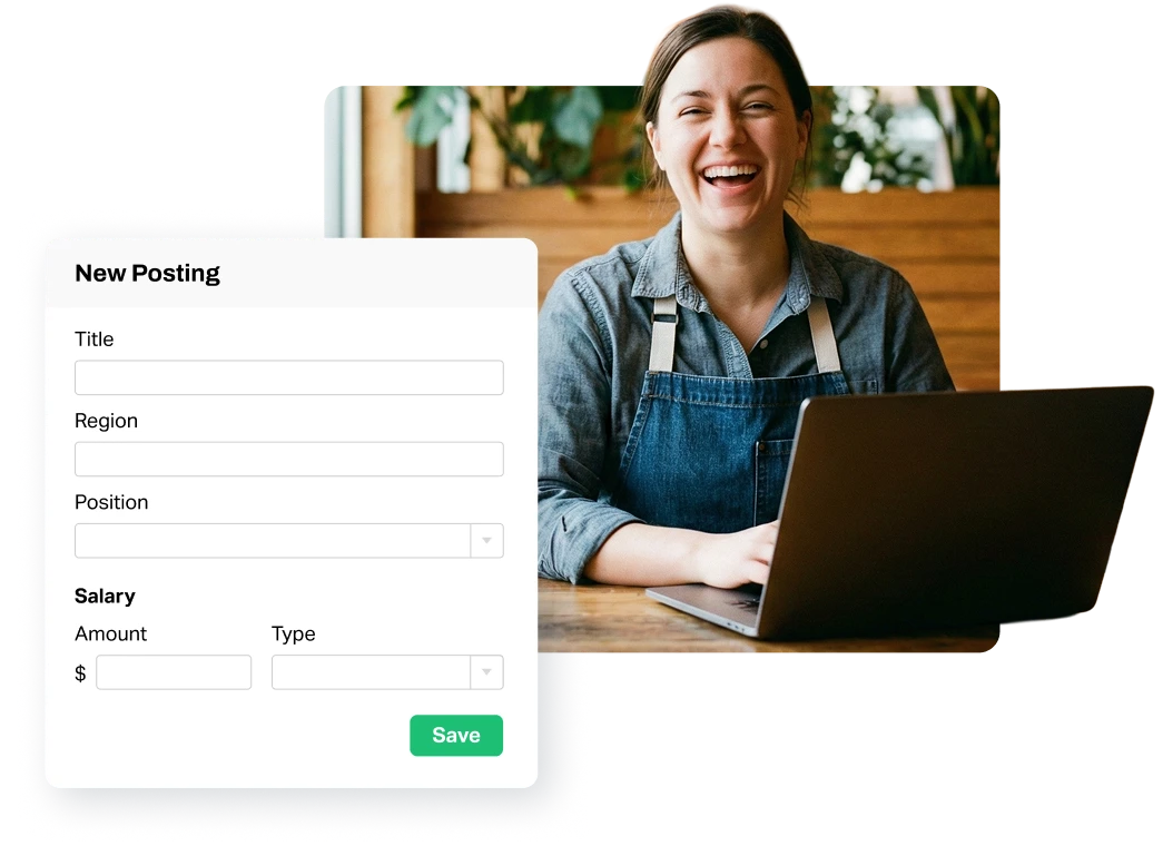 Smiling woman in denim apron working on a laptop beside a new job posting form with fields for title, region, position, salary amount, and type.