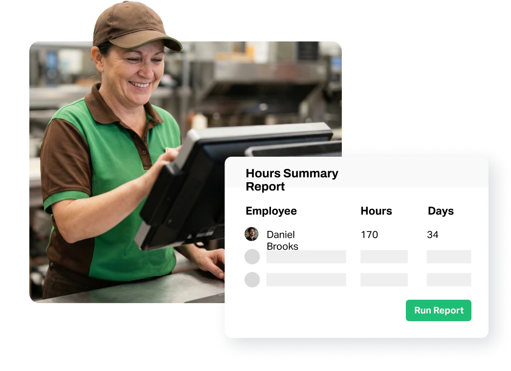 Smiling employee in green and brown uniform using a touchscreen register with an overlay showing an hours summary report listing employee Daniel Brooks with 170 hours and 34 days worked, and a green Run Report button.