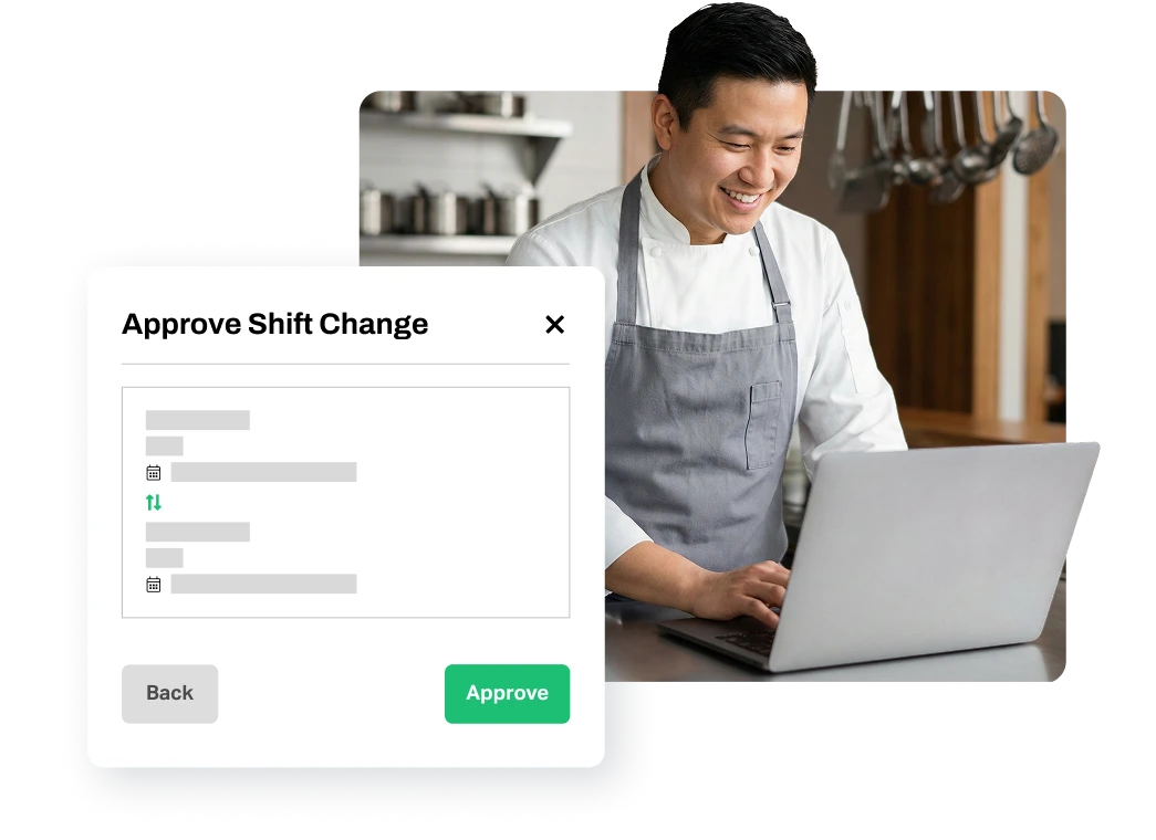 Smiling chef in a gray apron using a laptop with an on-screen dialog box titled Approve Shift Change showing schedule details and Back and Approve buttons.