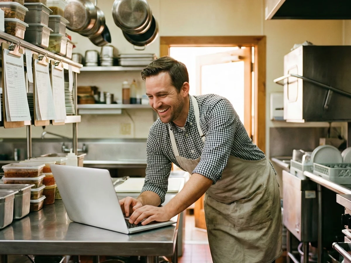 Smiling chef in an apron using a laptop in a commercial kitchen with cookware and food containers.