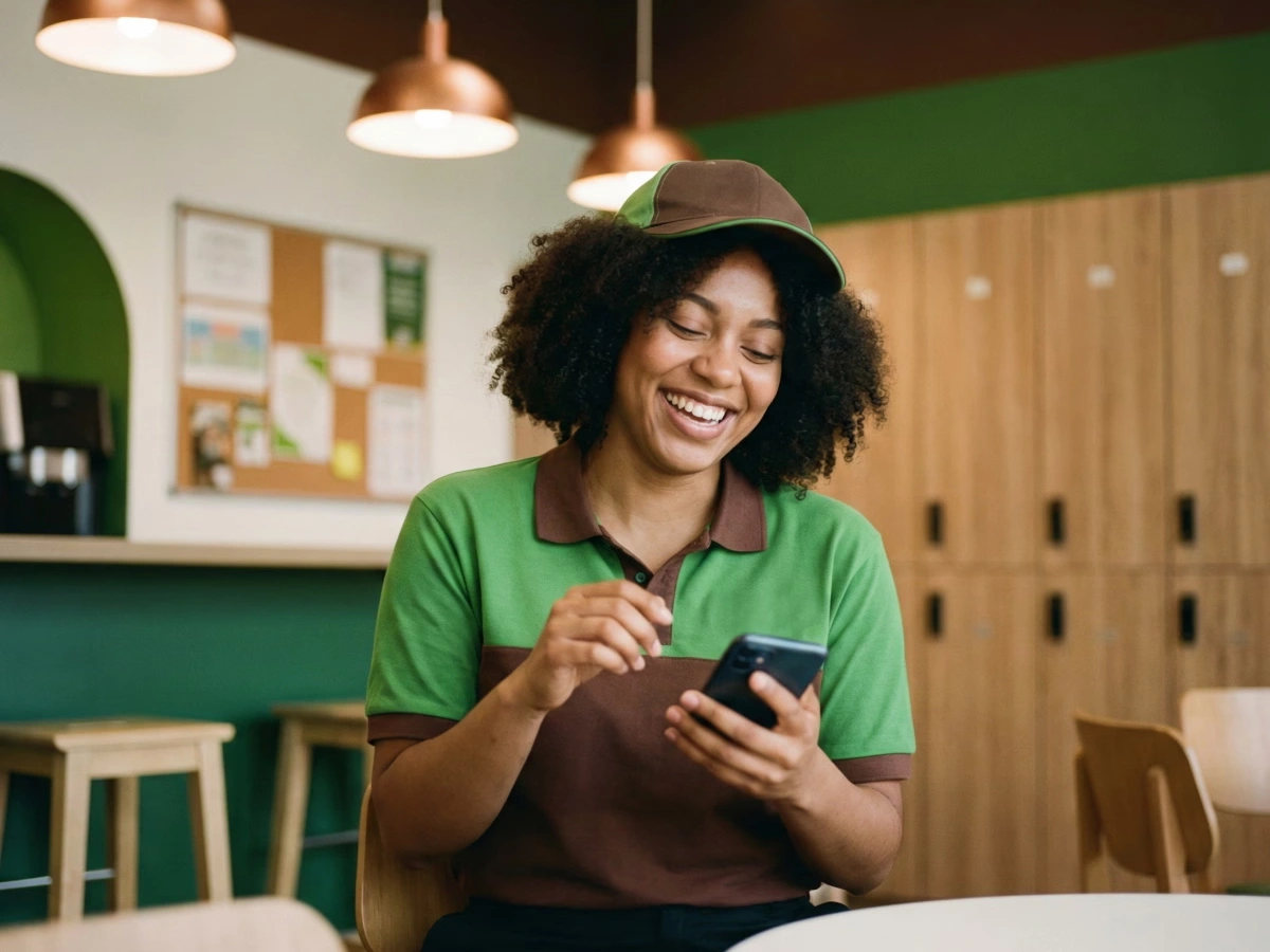 Smiling woman in green and brown uniform using a smartphone in a cafe with wooden chairs and lockers.