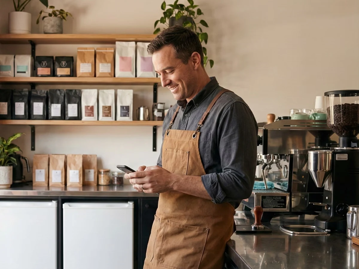 Smiling barista in a brown apron looking at his phone behind a coffee shop counter with bags of coffee on shelves.