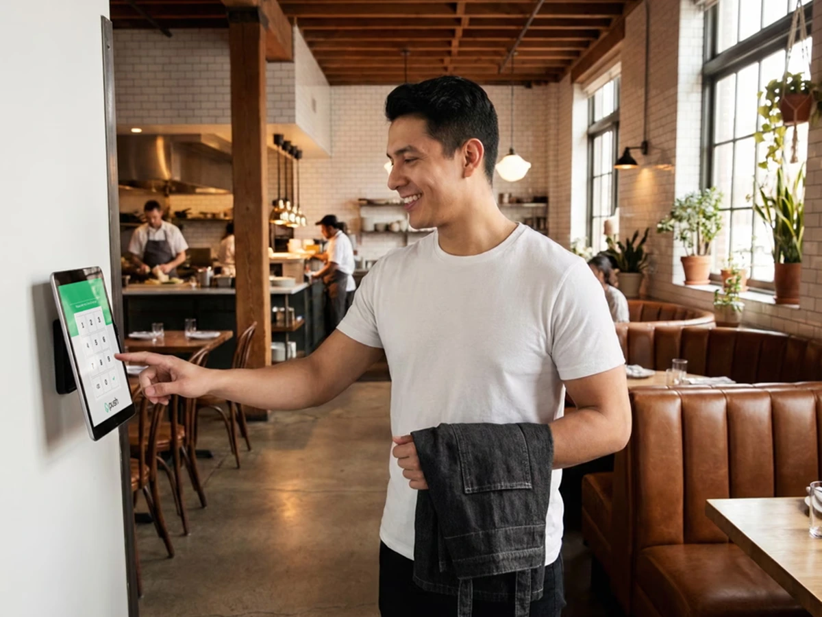 Young man in a restaurant using a wall-mounted tablet to clock in or out, holding a jacket in one arm.