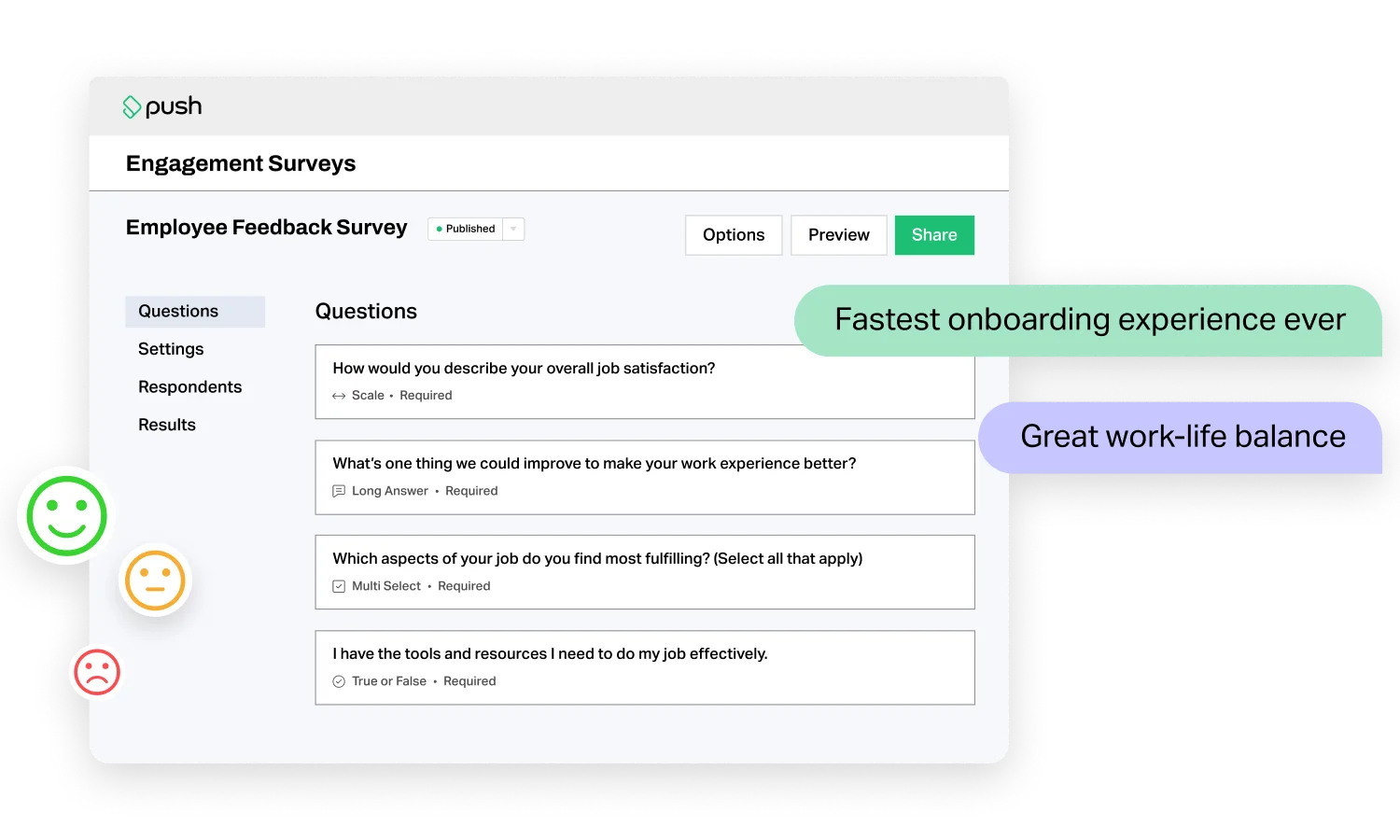 Engagement survey interface showing employee feedback questions on job satisfaction and work experience improvement.