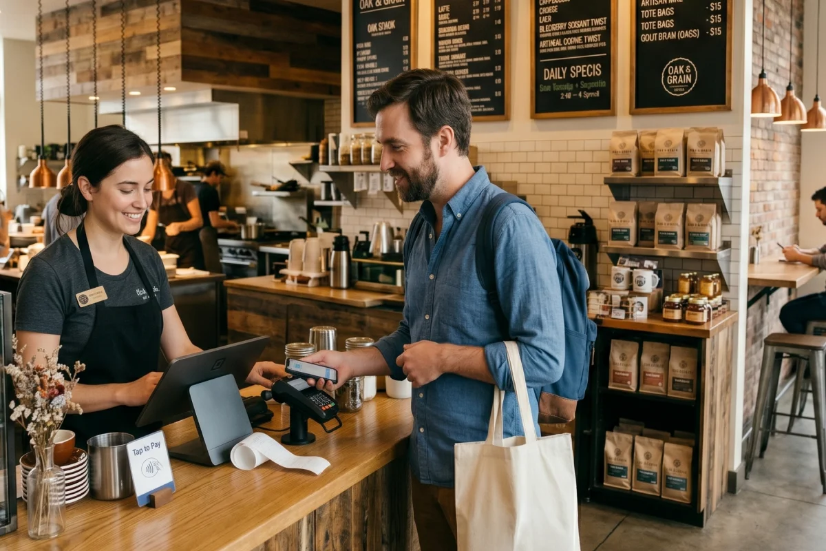 Man paying contactless with phone to smiling cashier at a coffee shop counter.