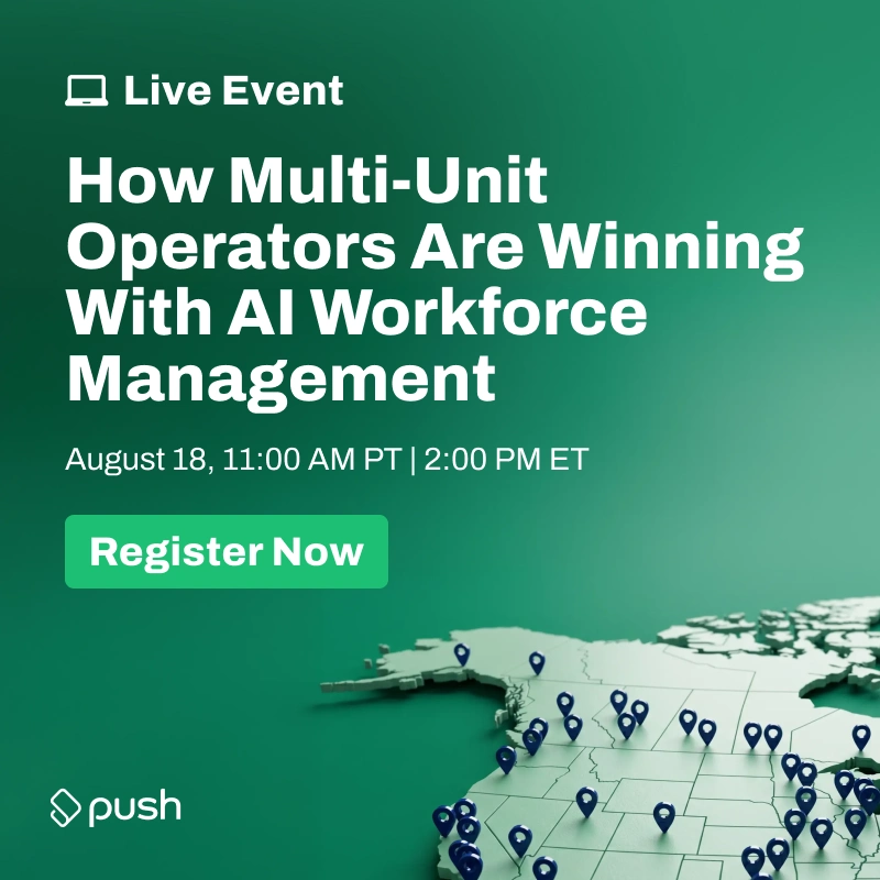 Live event announcement on AI workforce management for multi-unit operators with a map showing location pins.