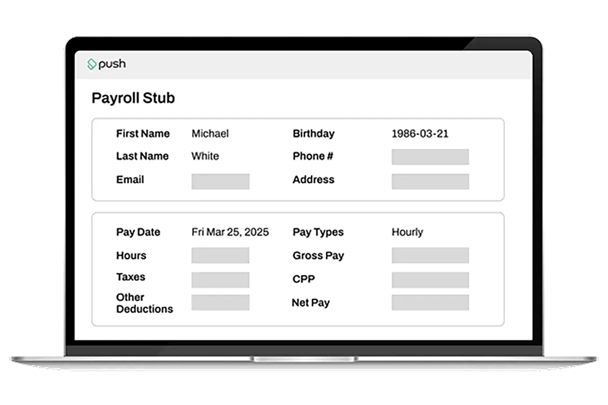 Laptop screen showing a payroll stub from Push with employee details including name, hourly pay type, and various pay and deduction fields.