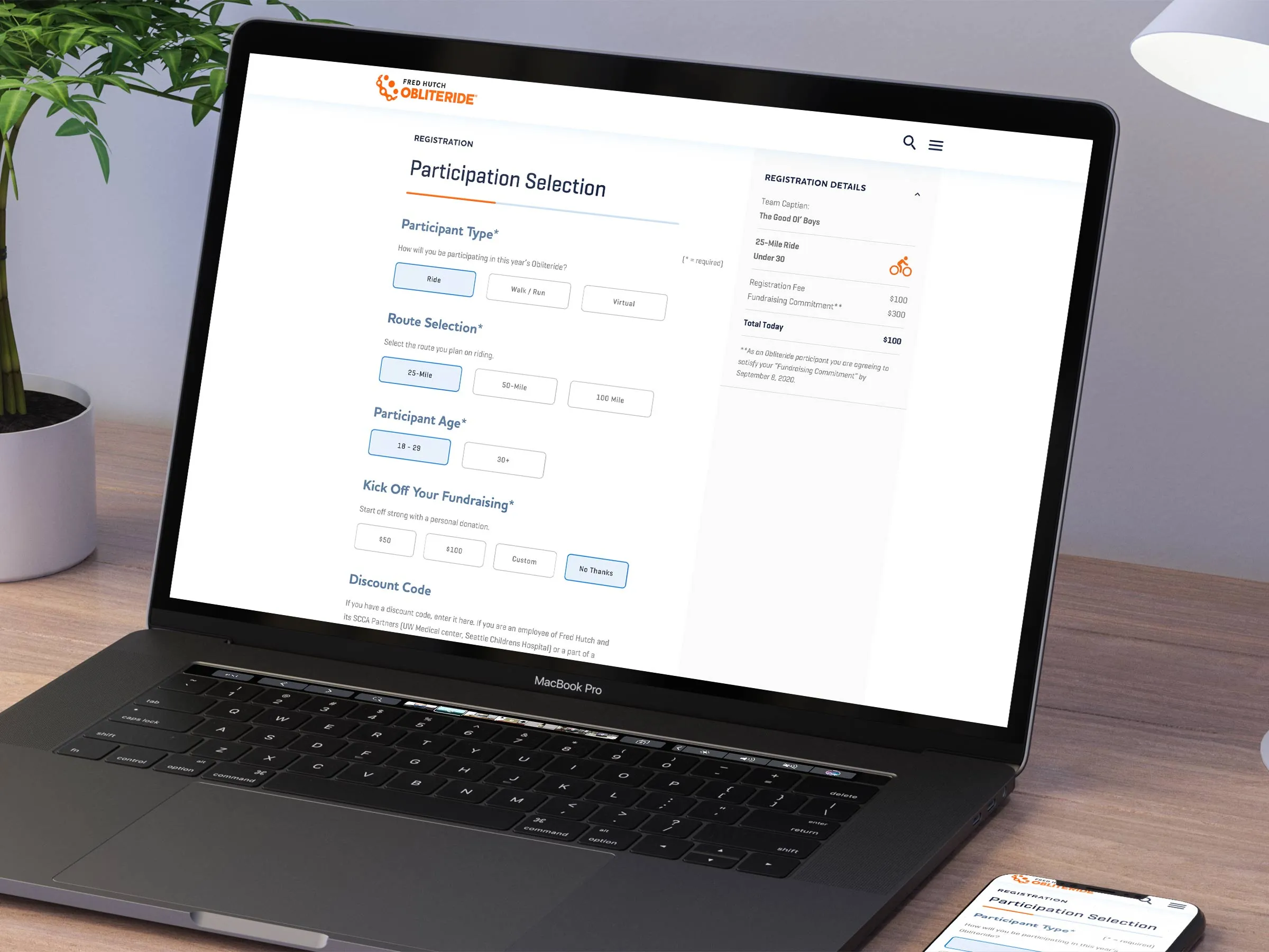 Registration flow for Fred Hutch Obliteride.
