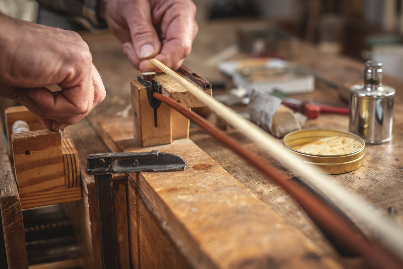 Violin bow being rehaired at the MyLuthier workshop in London