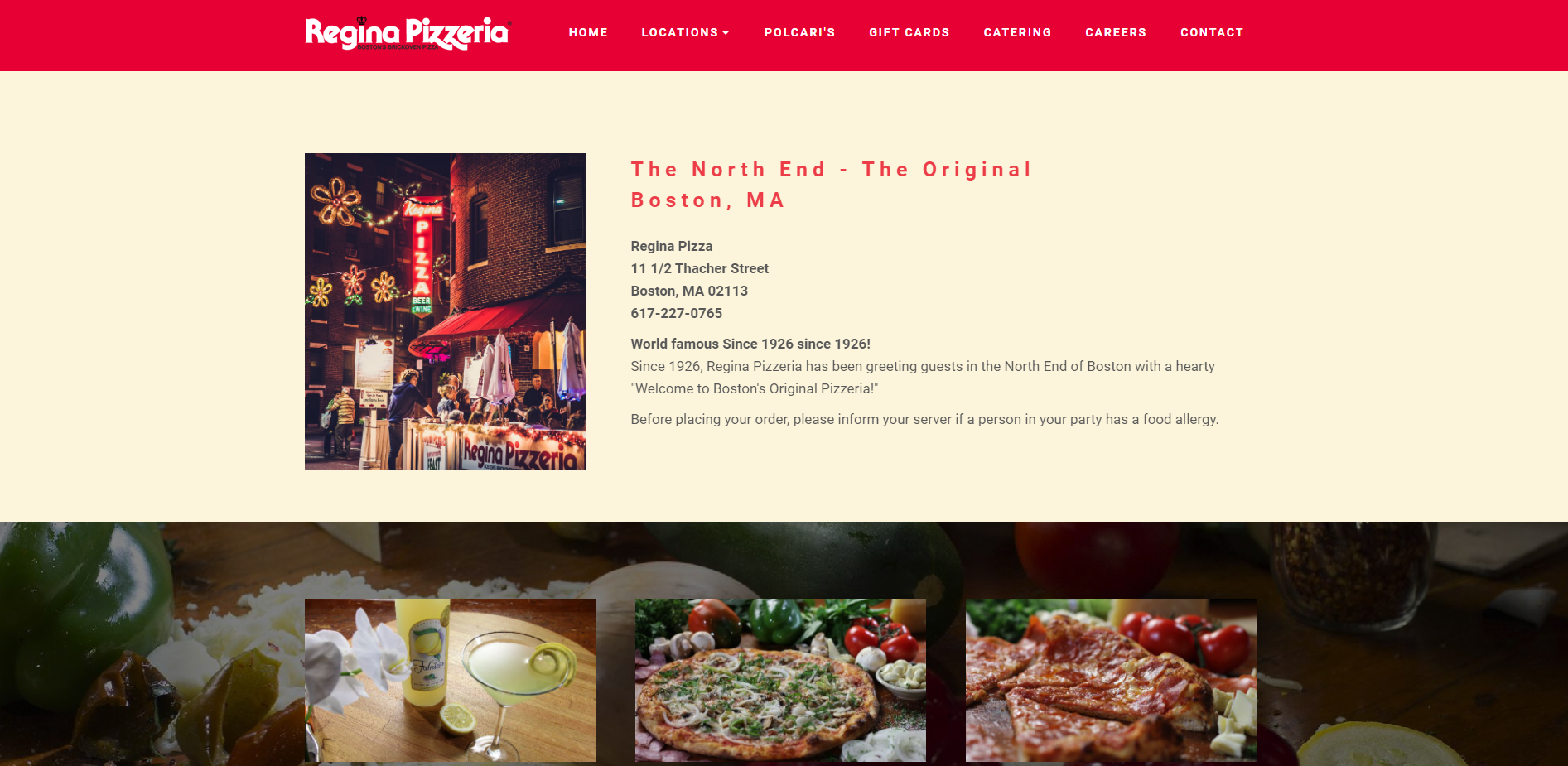 A screenshot of Regina Pizza's homepage
