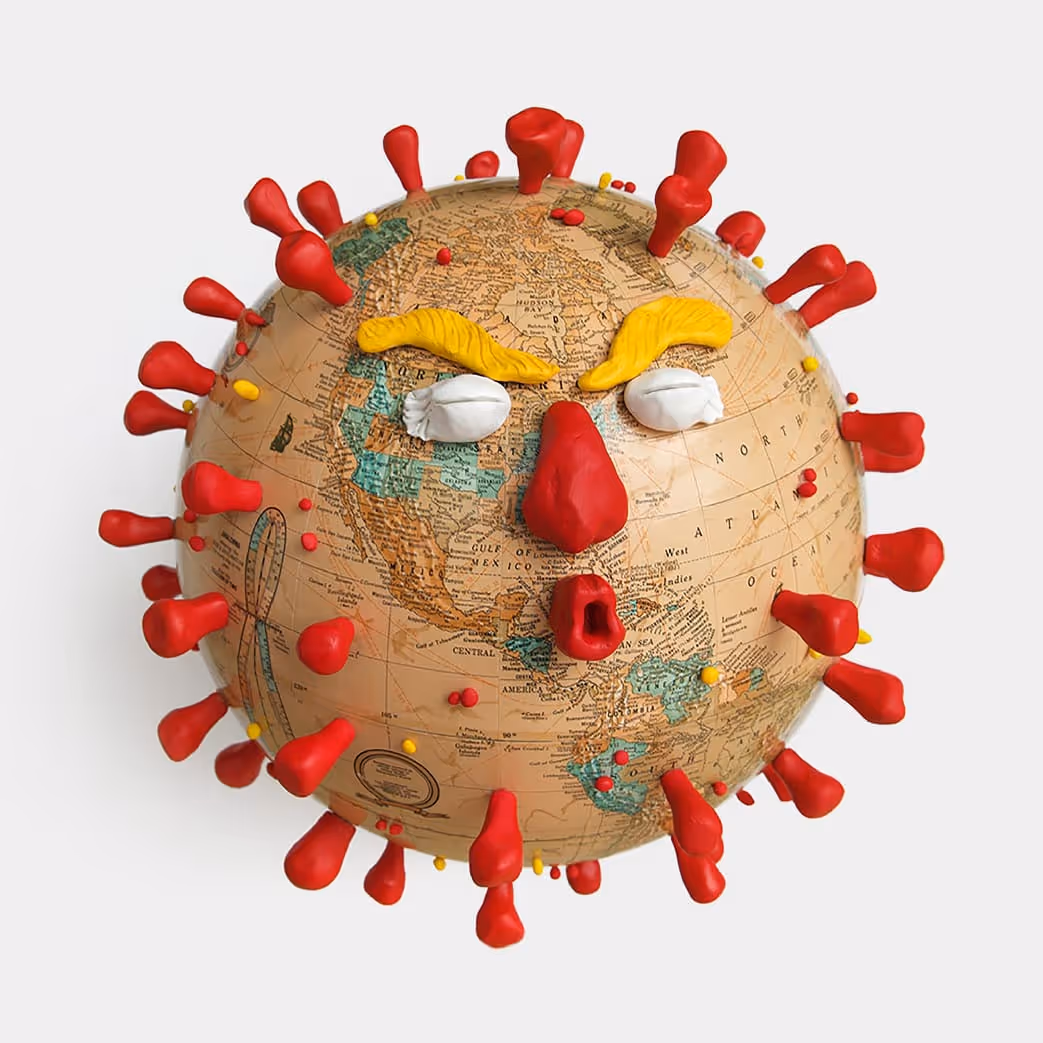 Donald Trump made from a globe and clay to look like a coronavirus