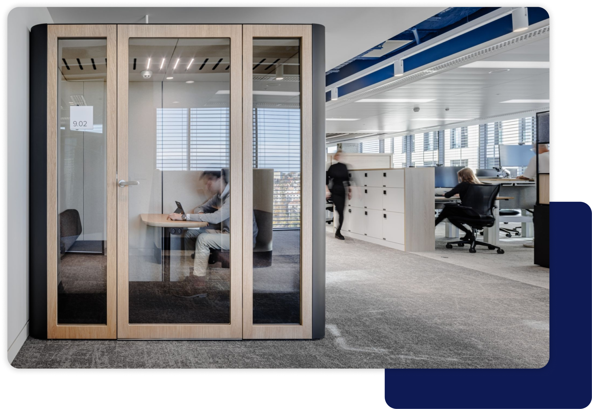 Yellowbox Wireless locker bank at the end of desks.