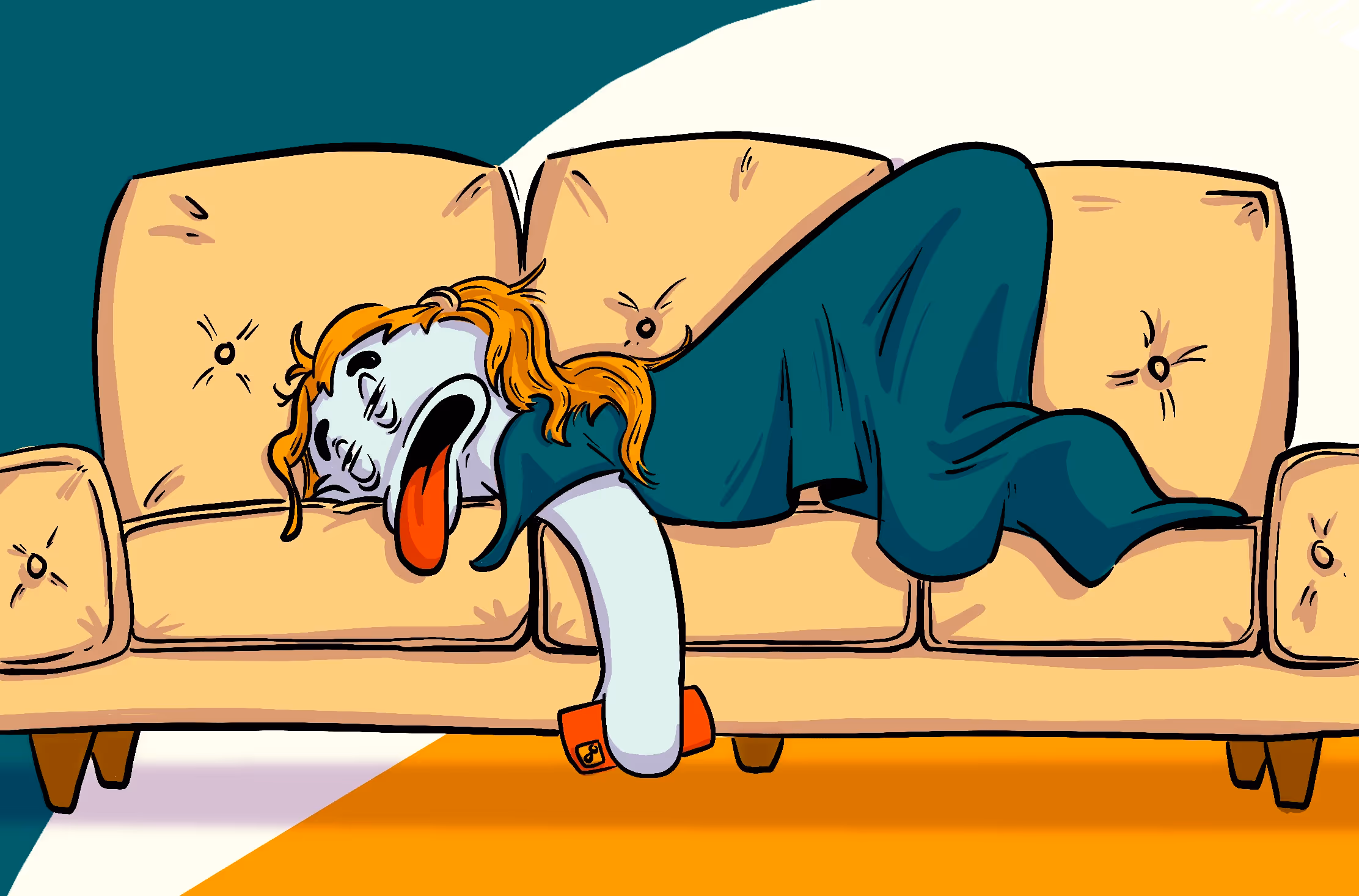 Eine Frau liegt völlig erschöpft auf dem SOfa