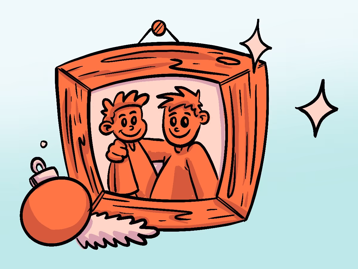 A Picture of two friends in a Frame and Christmas ornaments