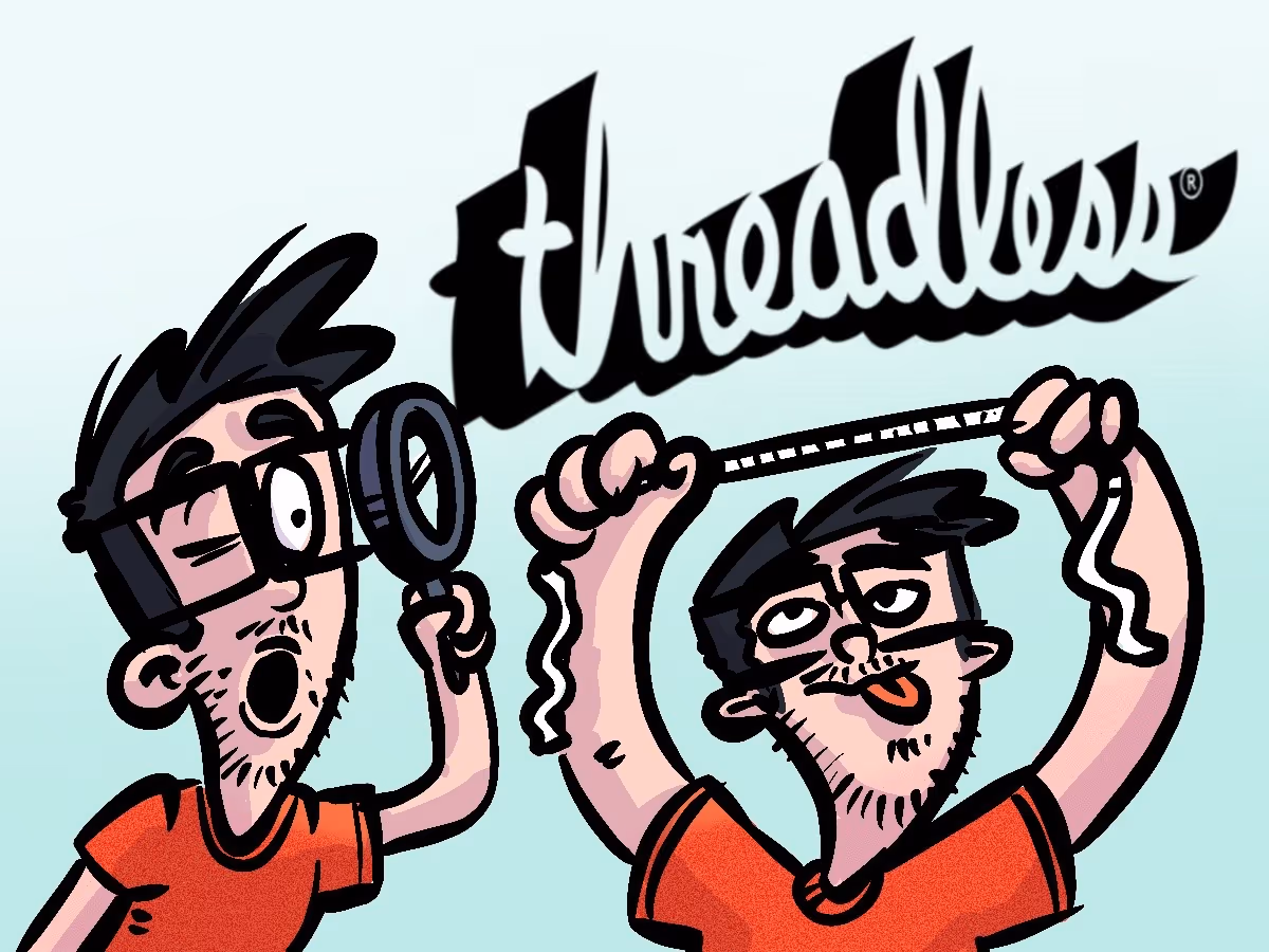 Zwei Comicmännchen beobachten und vermessen das threadless logo