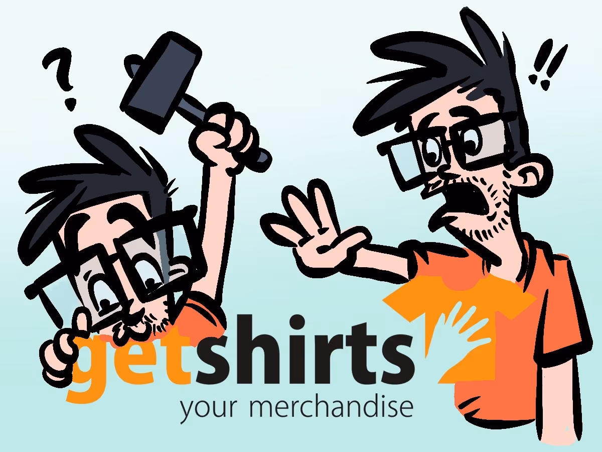 Zwei Comicfiguren bauen m getshirtslogo rum. Eines hat einen Hammer, das andere ist besorgt.