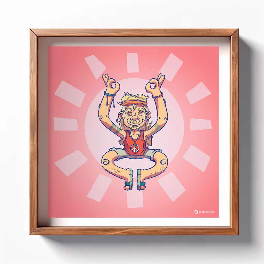 A digital mockup of a square framed artwork on a wall. The artwork features a stylized illustration of a cheerful, bearded hippie character making peace signs with both hands. He is wearing a headband, a red tank top with a peace symbol, and blue jeans. The character is seated cross-legged in a meditative pose against a pink background with lighter pink rectangular shapes radiating outward. The wooden frame is simple and complements the warm tones of the illustration.