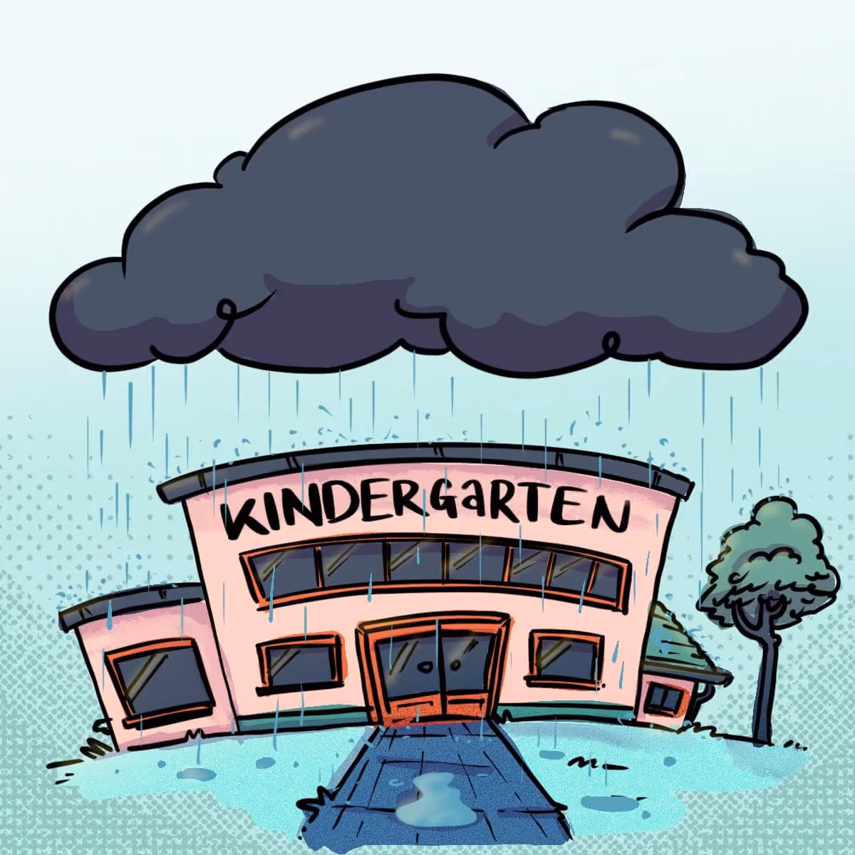Gezeichnetes Bild eines Gebäudes auf dem Kindergarten steht und über dem es ziemlich stark regneto