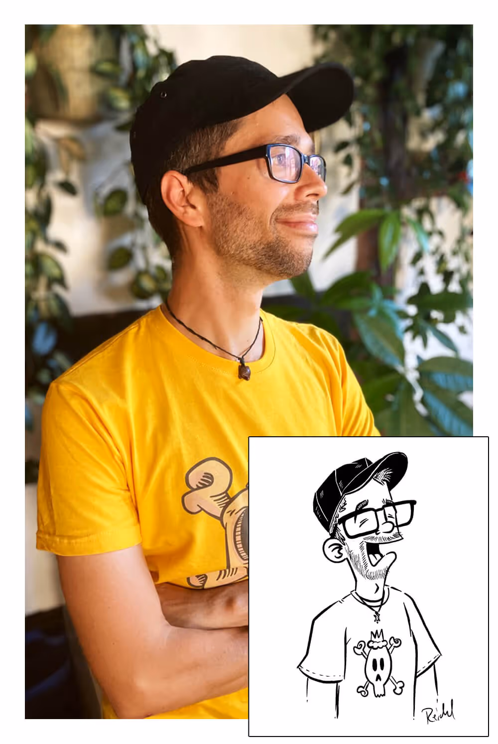 A detailed portrait drawn by Julian Reichel of himself and a photo of himself