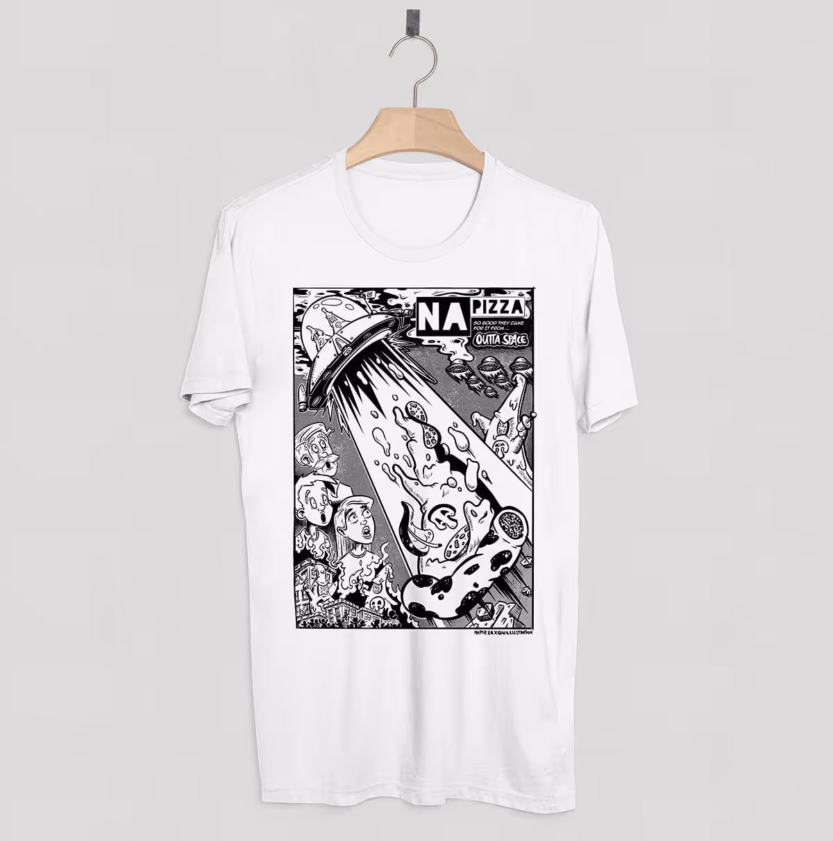 a white shirt with alien pizza slices setting the world on fire