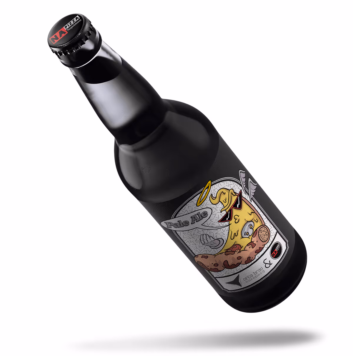A beer bottle with a pizza on it