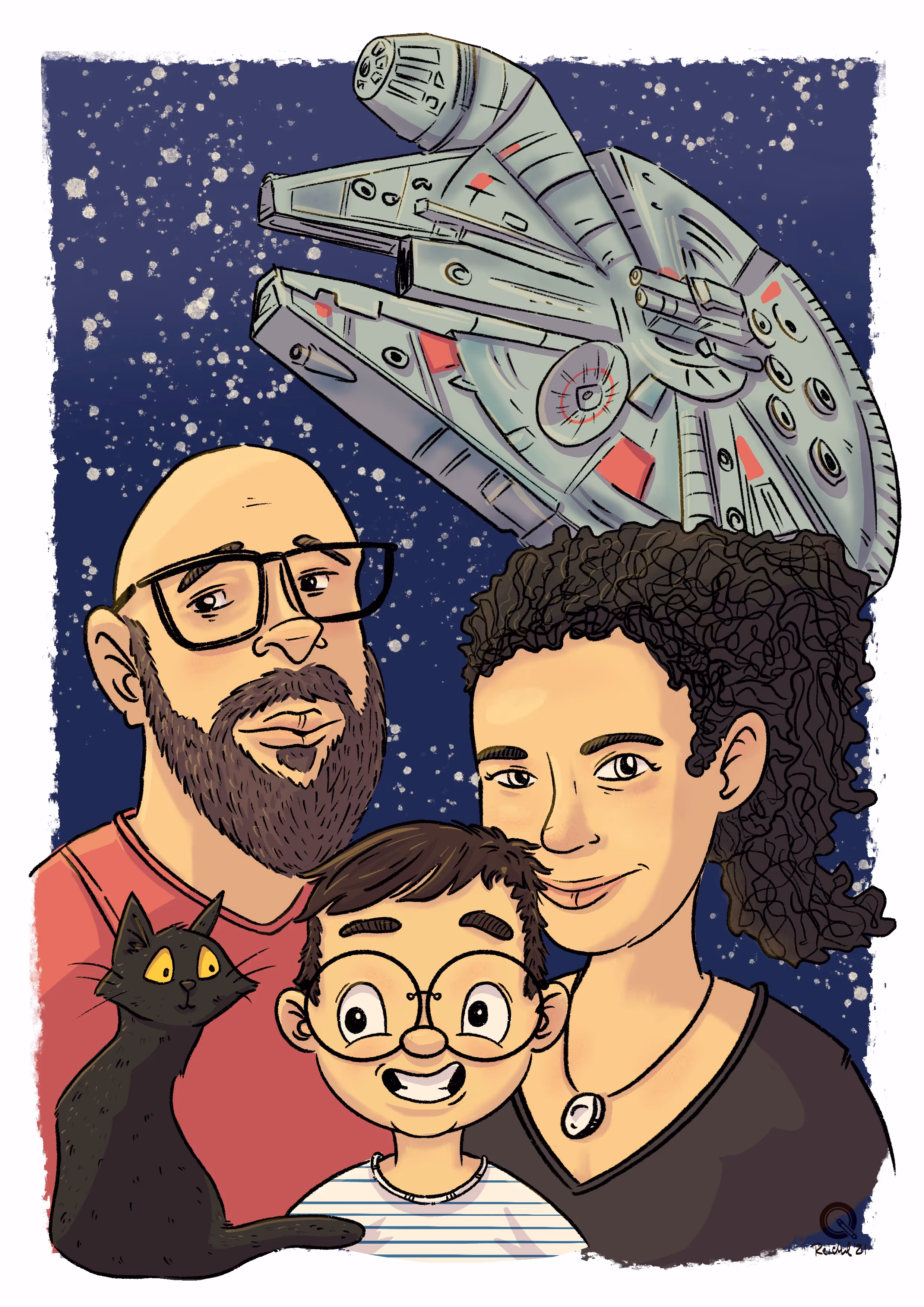A Familyportrait with the millenium falcon in the background