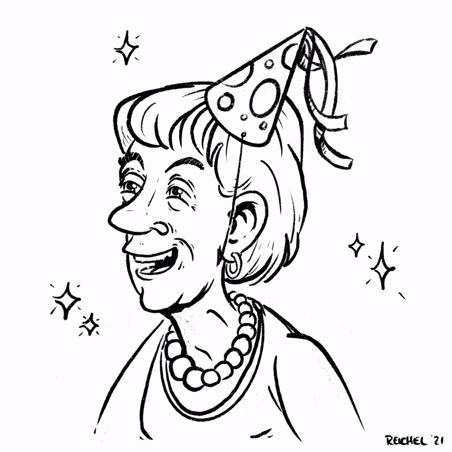 A Portrait of an older woman with a funny hat