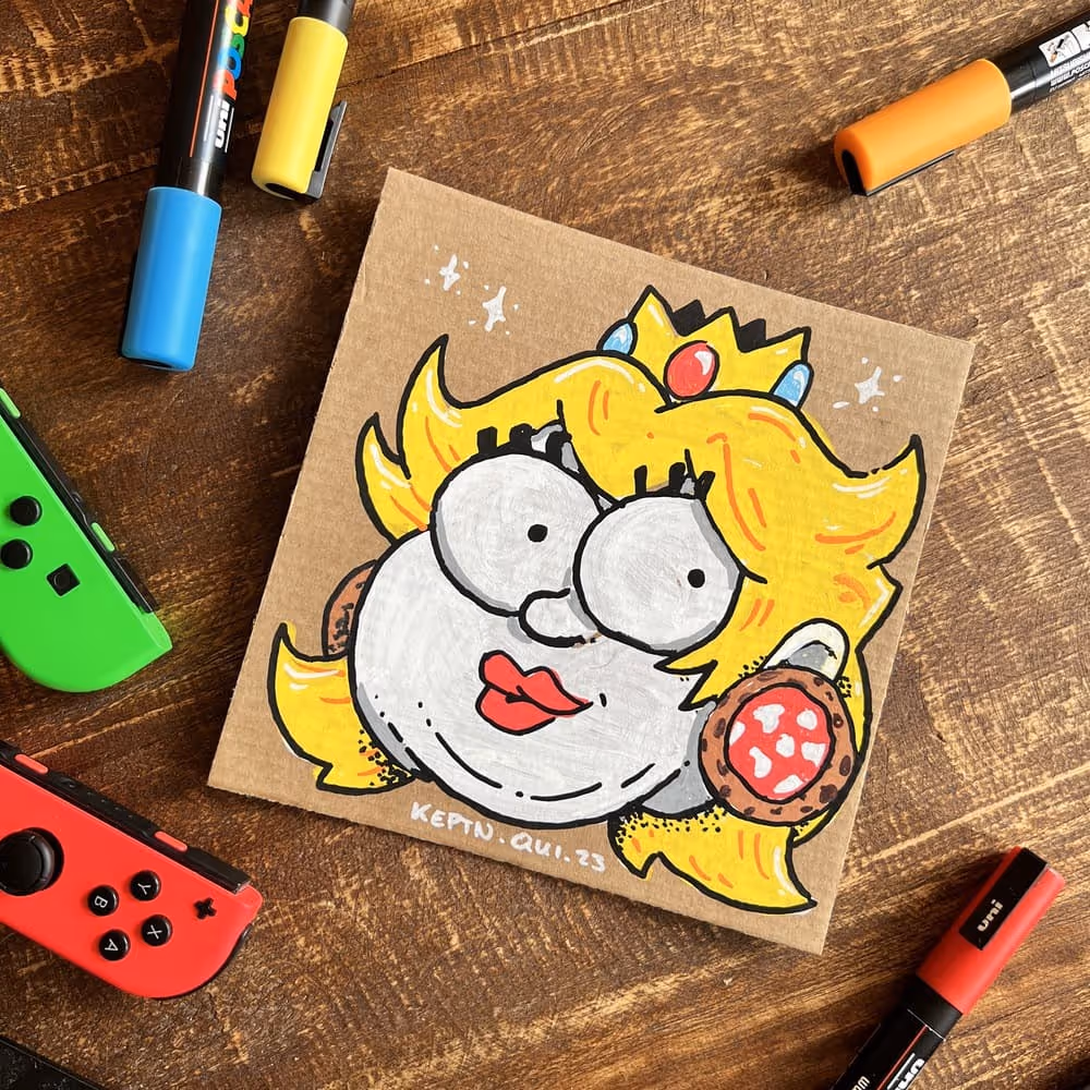 Ein Kunstwerk von Julian Reichel auf recyceltem Pizzakarton es zeigt eine dicke Prinzessin Peach