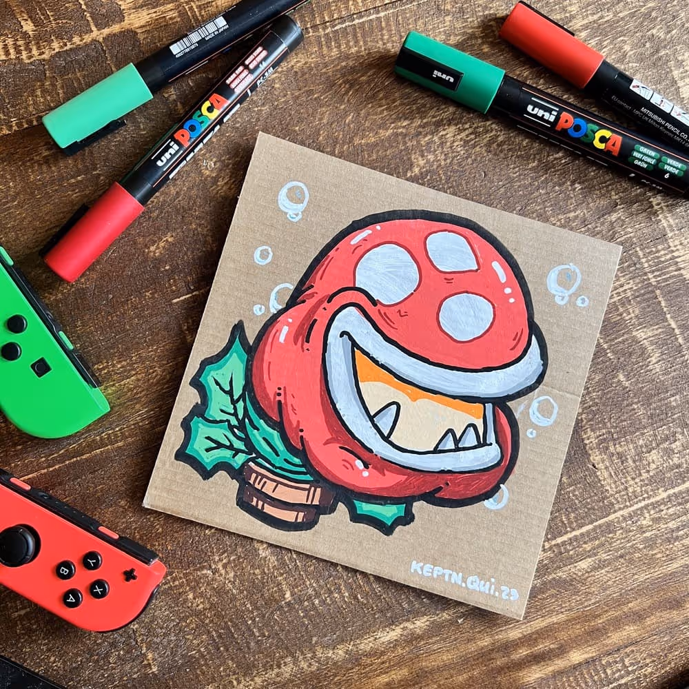 Ein Kunstwerk von Julian Reichel auf recyceltem Pizzakarton es zeigt eine dicke Piranha Pflanze