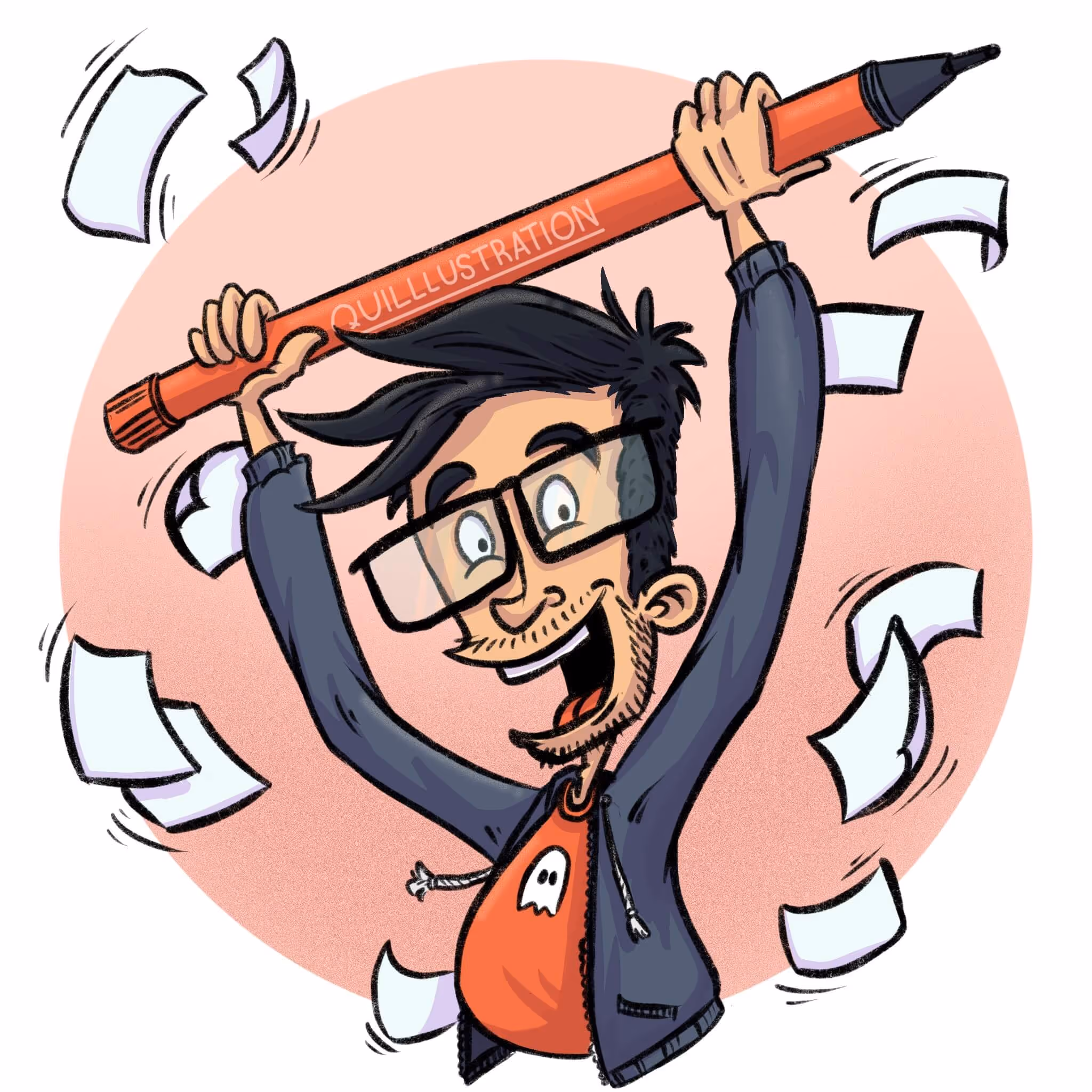 Julian Reichel als Comicfigur hebt einen übergroßen Stift hoch. Um ihn herum schwirren Papiere durch die Luft