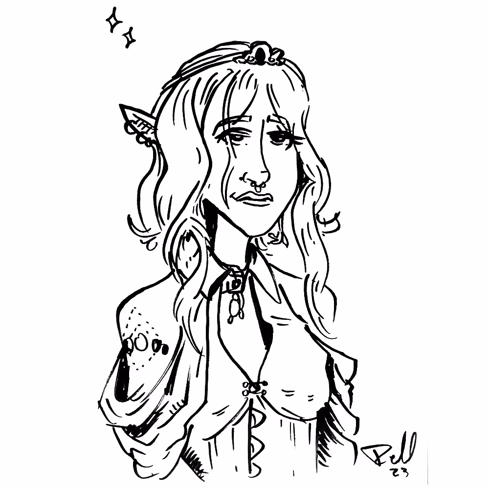 Eine Porträtzeichnung einer jungen Frau im Elfencosplay in Schwarzweiß. Skizzenhaft dargestellt von Julian Reichel