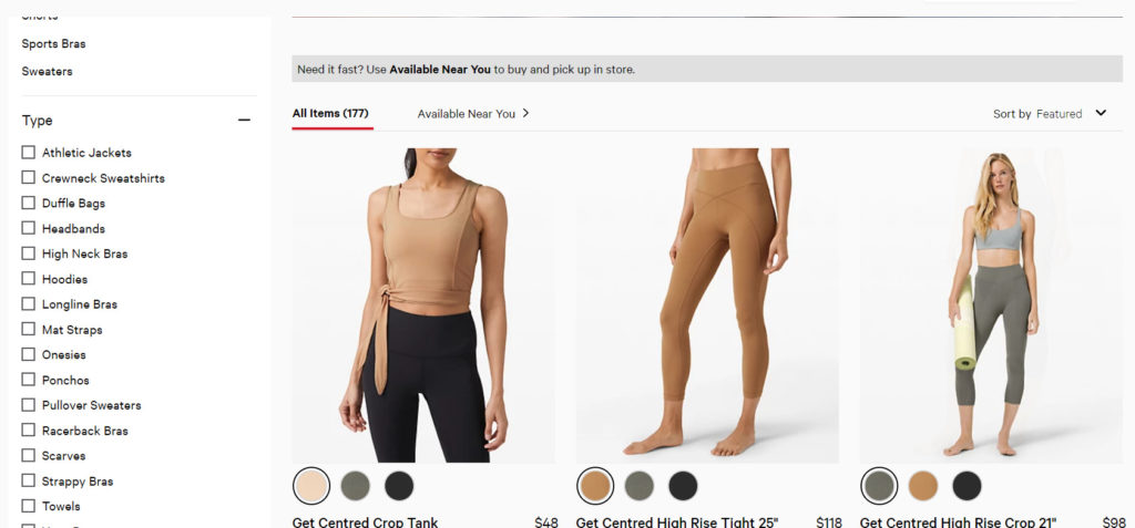 Product page shirts with color options.