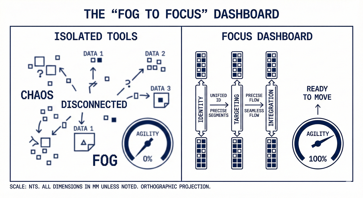 Side-by-side comparison diagram. The left side, labeled "Isolated Tools," shows scattered data sources, question marks, and disconnected arrows with an agility gauge at 0%—representing chaos and fog. The right side, labeled "Focus Dashboard," shows a structured flow from Identity (unified ID, precise segments) to Targeting (precise flow) to Integration (seamless flow), with an agility gauge at 100%—representing a unified system that's ready to move.