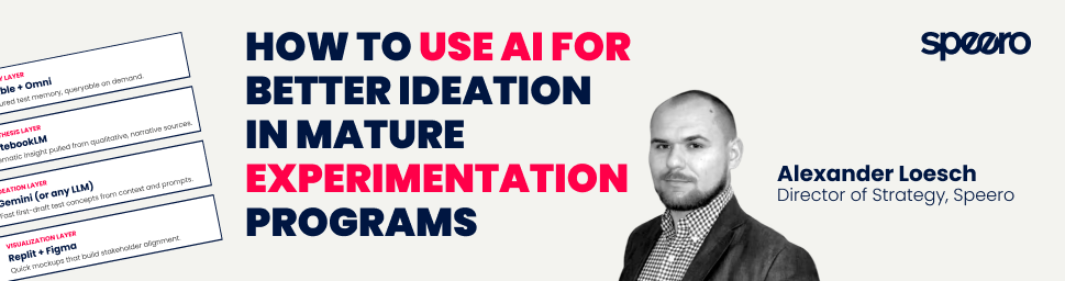 Blog post header: 'How to Use AI for Better Ideation in Mature Experimentation Programs,' with Speero logo, headshot of Alexander Loesch, Director of Strategy at Speero, and a preview of four framework layers including memory, synthesis, ideation, and visualization tools.