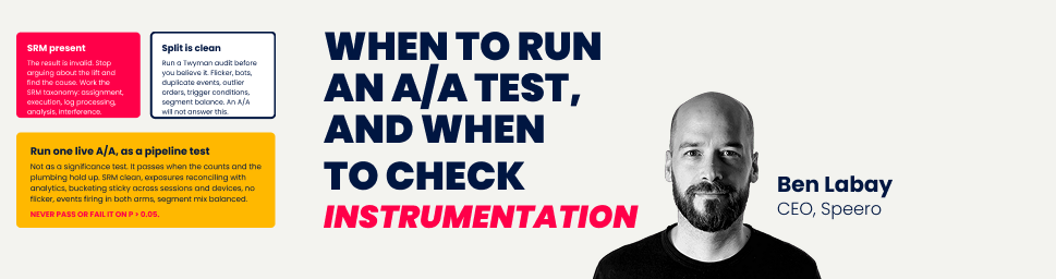 Speero decision tree showing when to run an A/A test, when to run an instrumentation check, and when the sample ratio mismatch check is enough.
