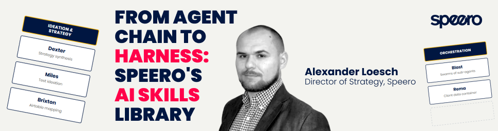 Article banner for "From Agent Chain to Harness: Speero's AI Skills Library" by Alexander Loesch, Director of Strategy at Speero, showing a headshot of Loesch beside cards for the agent chain's roles, Dexter, Miles, and Brixton on ideation and strategy, Blast and Rema on orchestration.