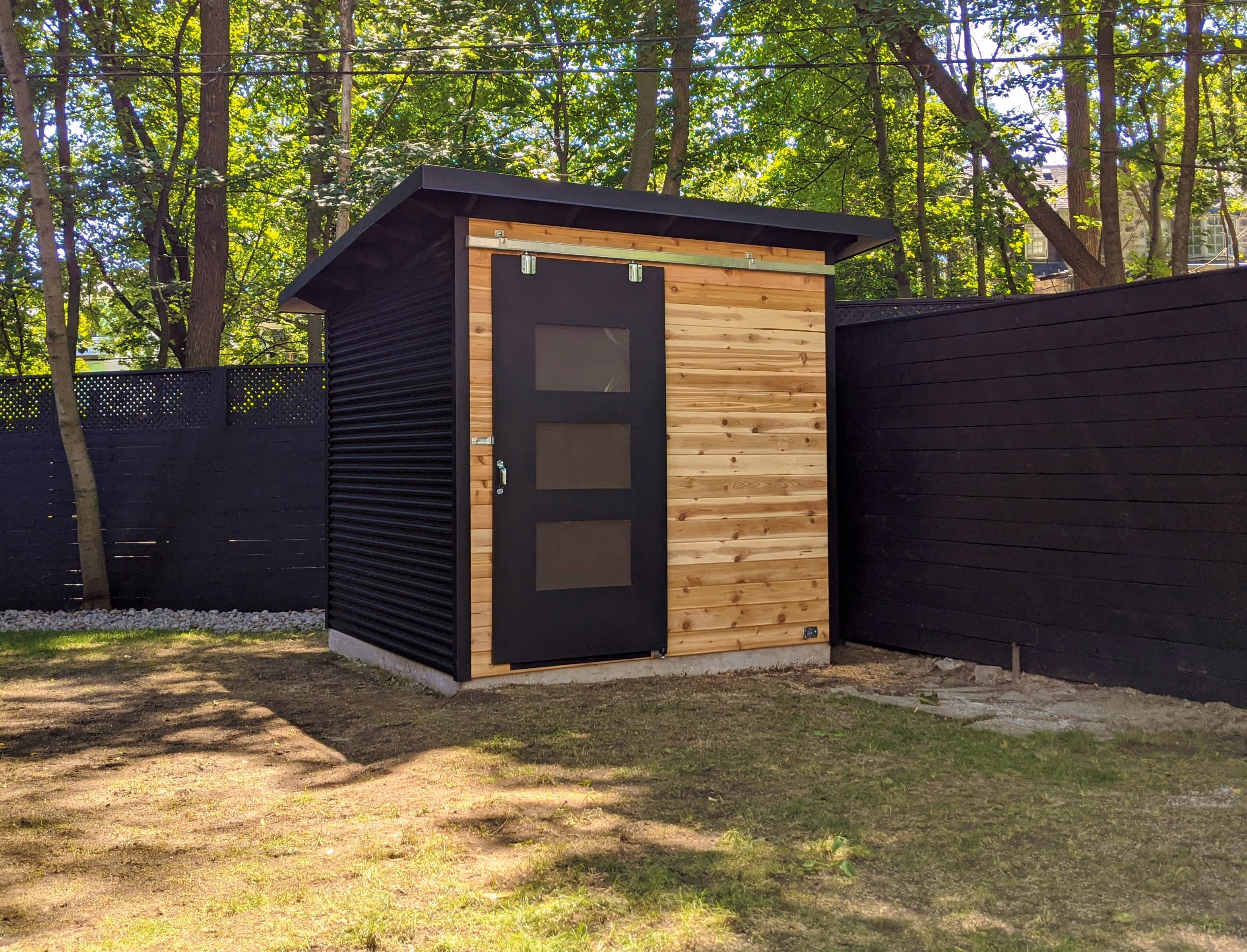 8' x 8' Essential Garden Shed with Natural Cedar Siding and Jet Black Steel