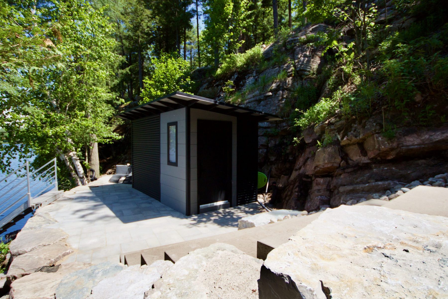 14' x 7' Custom Storage Shed with Kendall Charcoal Stain and Jet Black Steel