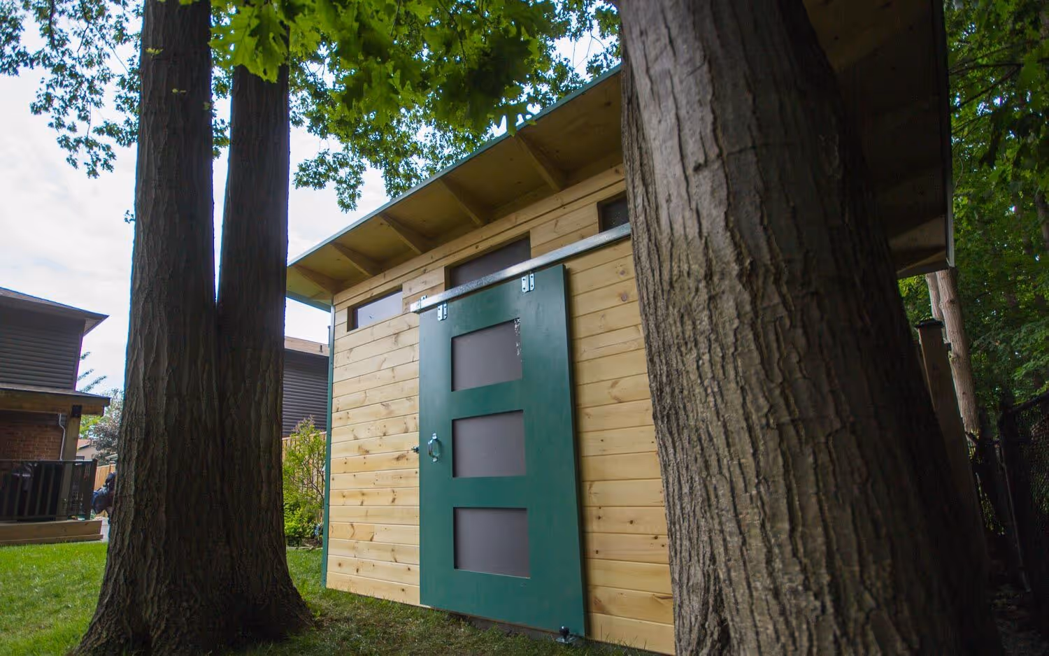 12' x 8' Advanced Garden Shed with Clear-coated Pine and Turquoise Steel