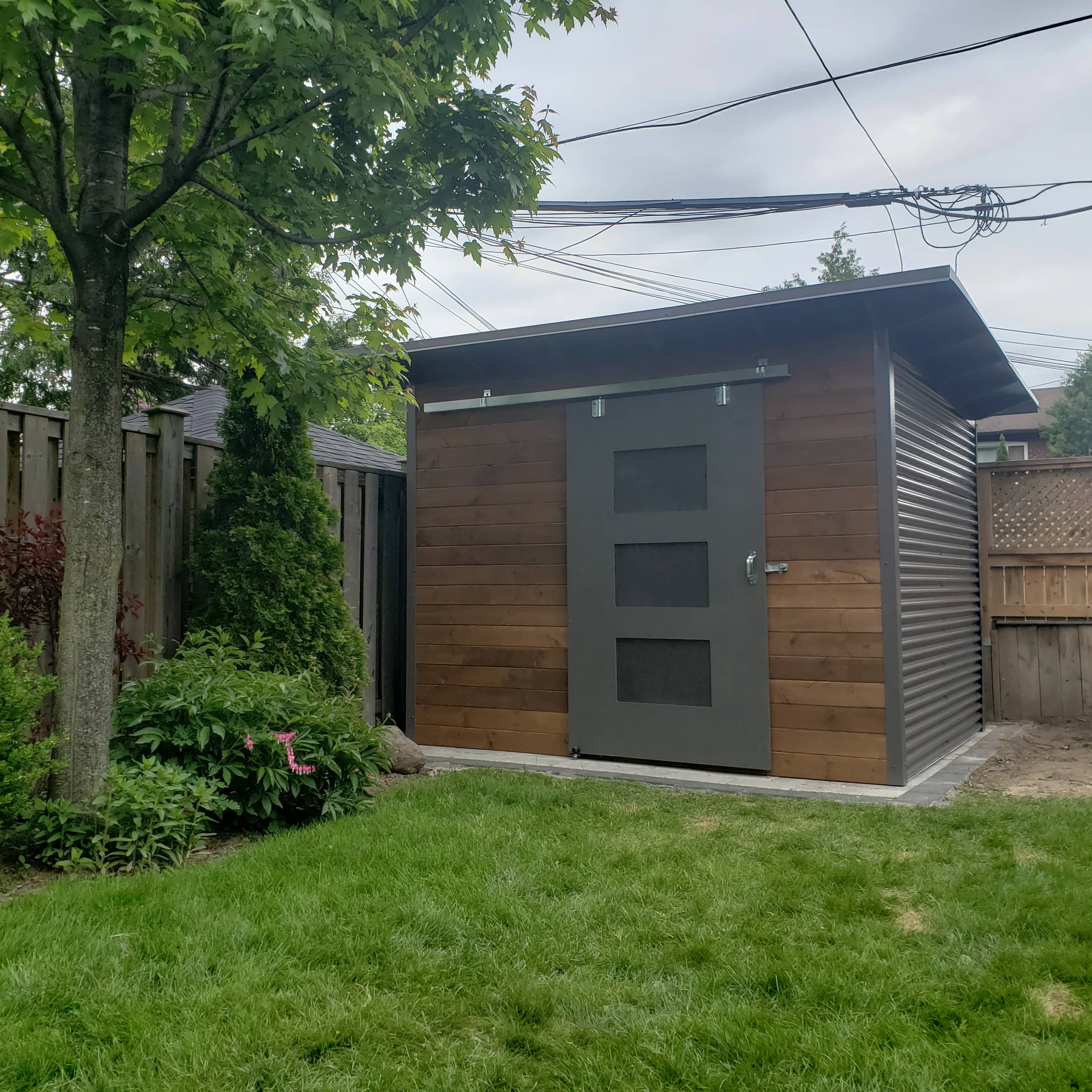 12' x 8' Essential Shed with Muskoka Brown Stain and Charcoal Steel