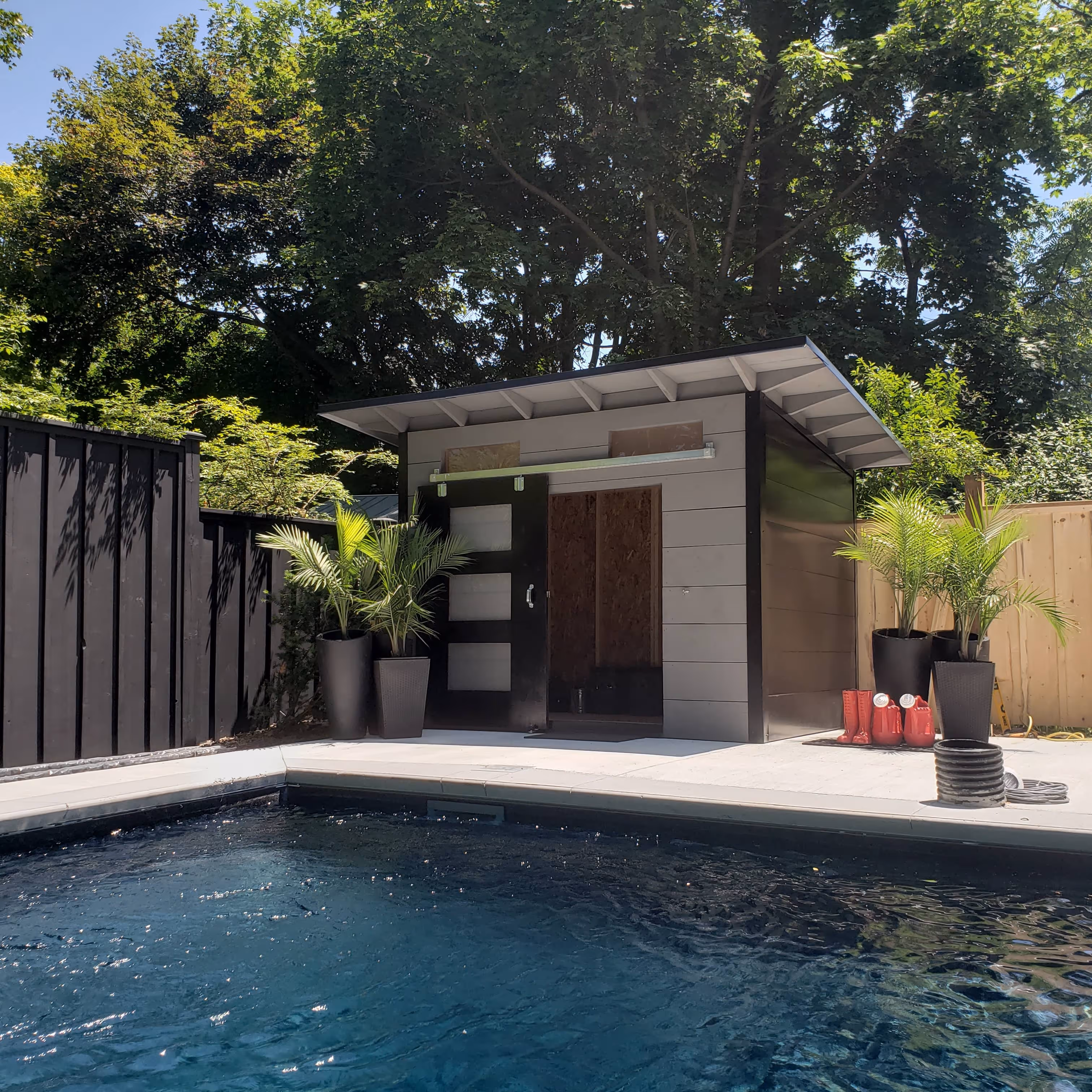 10' x 8' Advanced Pool Shed with Kendall Charcoal Shiplap Siding and Black Flatstock Steel
