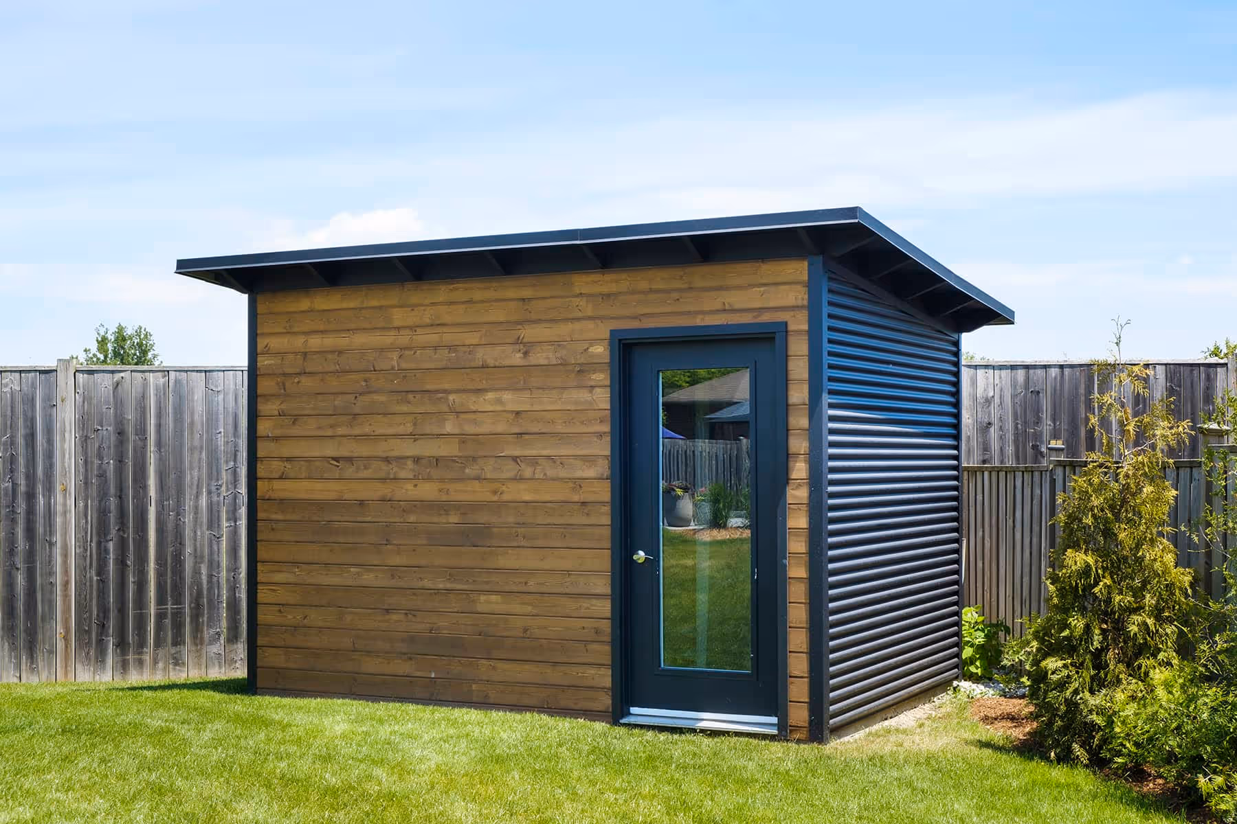 12' x 8' Custom Essential Shed with Muskoka Brown Stain and Jet Black Steel 