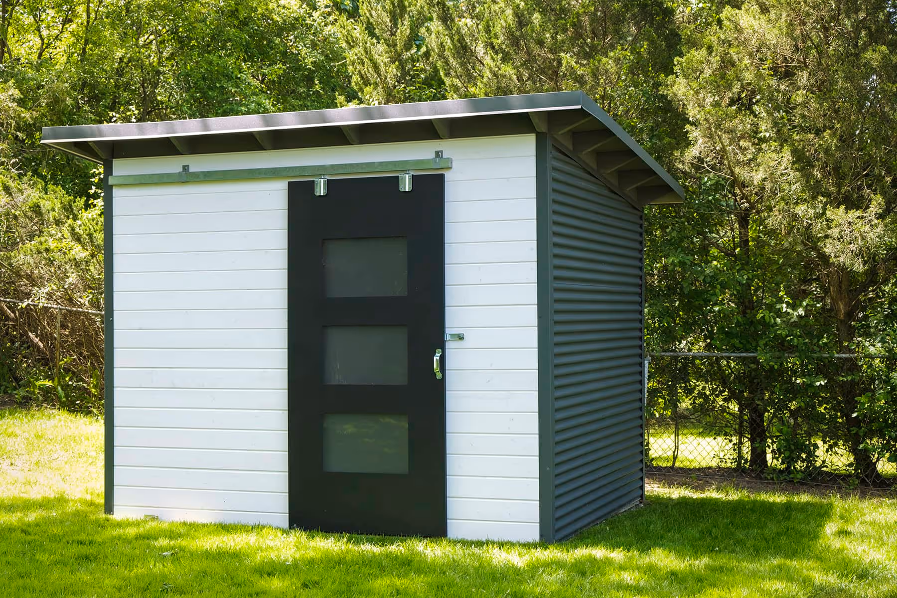10' x 8' Essential Shed with White Satin Stain and Charcoal Steel